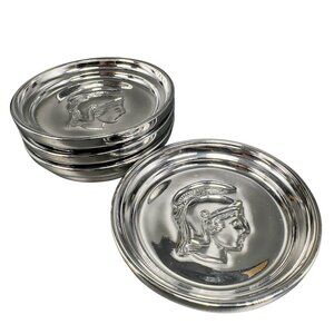 MCM Kimiko Silver Glass Tone Metal Coasters Guardian Crest Barware Set 4 Japan‎